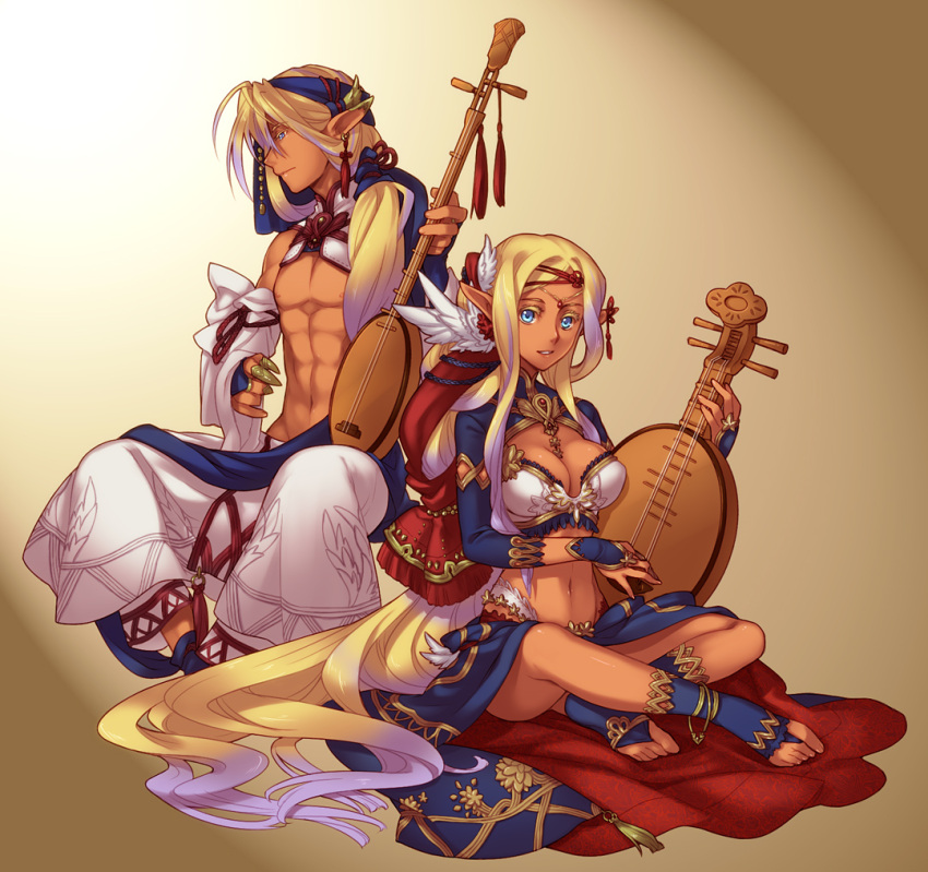 blue_eyes couple dark_skin hazuki_gean instrument long_hair lute_(instrument) midriff navel original pointy_ears sitting very_long_hair