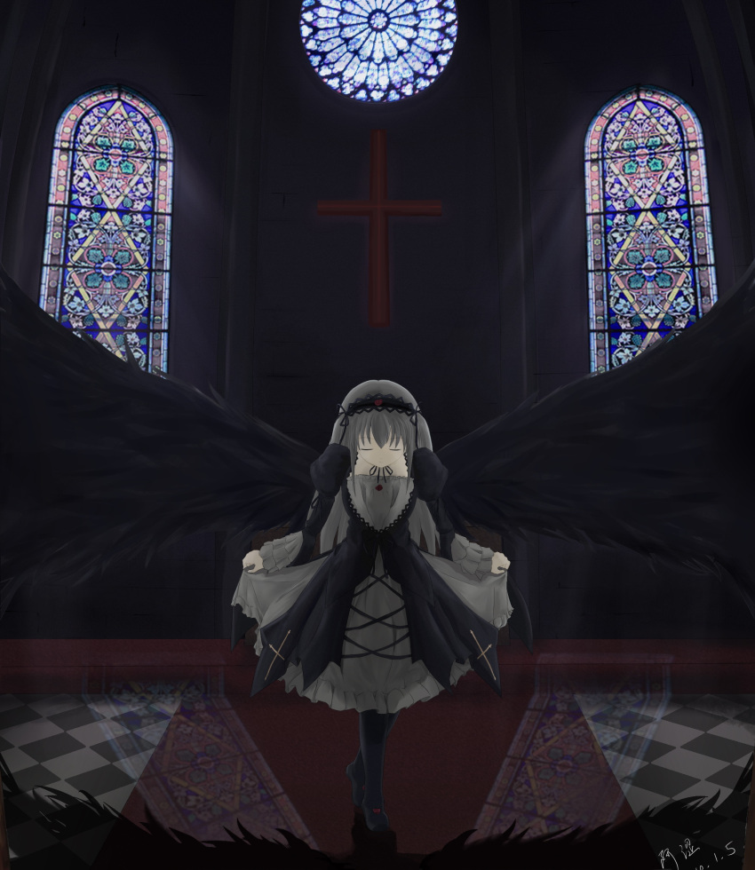 bow church cross curtsey dress flower gothic_lolita hair_ornament hairband highres lolita_fashion long_hair ribbon rose rozen_maiden silver_hair solo stained_glass suigintou wings