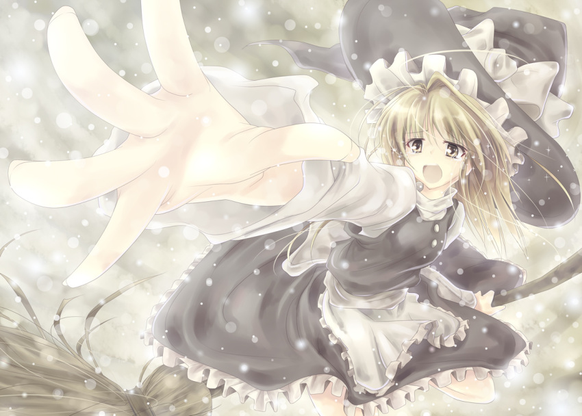 apron bad_id blonde_hair bow broom dress fingernails flying foreshortening hair_bow hands hat hat_ribbon itsutsuki kirisame_marisa knees legs long_hair long_sleeves open_mouth outstretched_arm outstretched_hand reaching ribbon sad sepia_background solo tears touhou turtleneck white witch_hat yellow_eyes