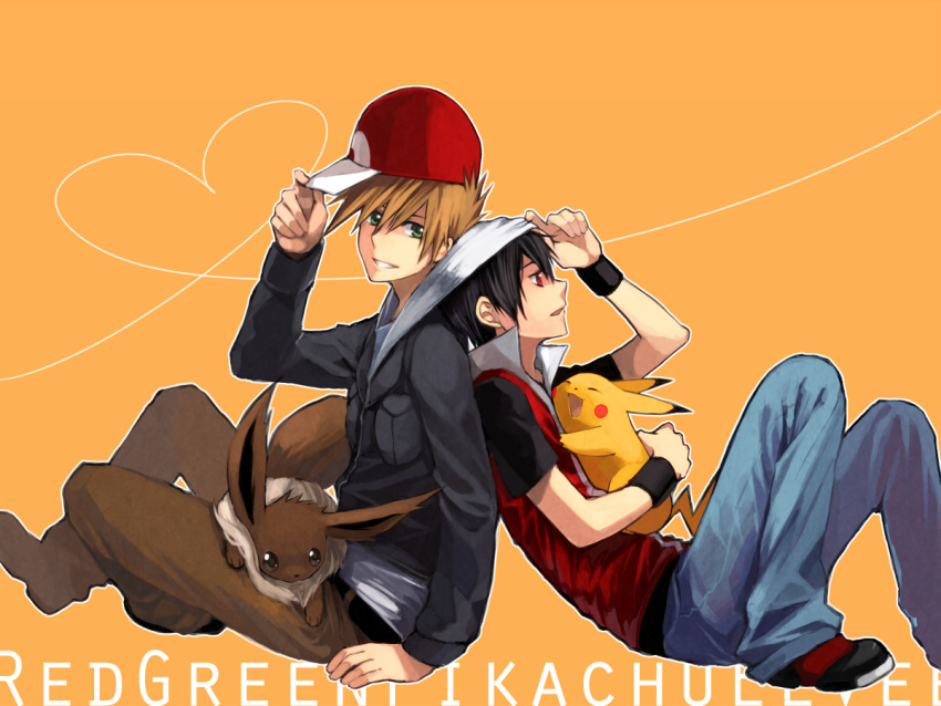 2boys back-to-back back_to_back bad_id black_hair brown_hair character_name eevee green_eyes hat heart heart_background heart_of_string multiple_boys obo ookido_green ookido_green_(hgss) orange_background pikachu pokemon pokemon_(creature) pokemon_(game) pokemon_gsc red_(pokemon) title_drop