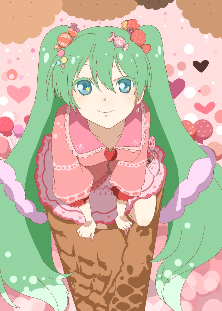 ao aqua_eyes bad_id candy earrings food food_themed_clothes green_hair hatsune_miku heart highres ice_cream in_food jewelry lollipop long_hair pappappao skirt smile solo sweets twintails very_long_hair vocaloid