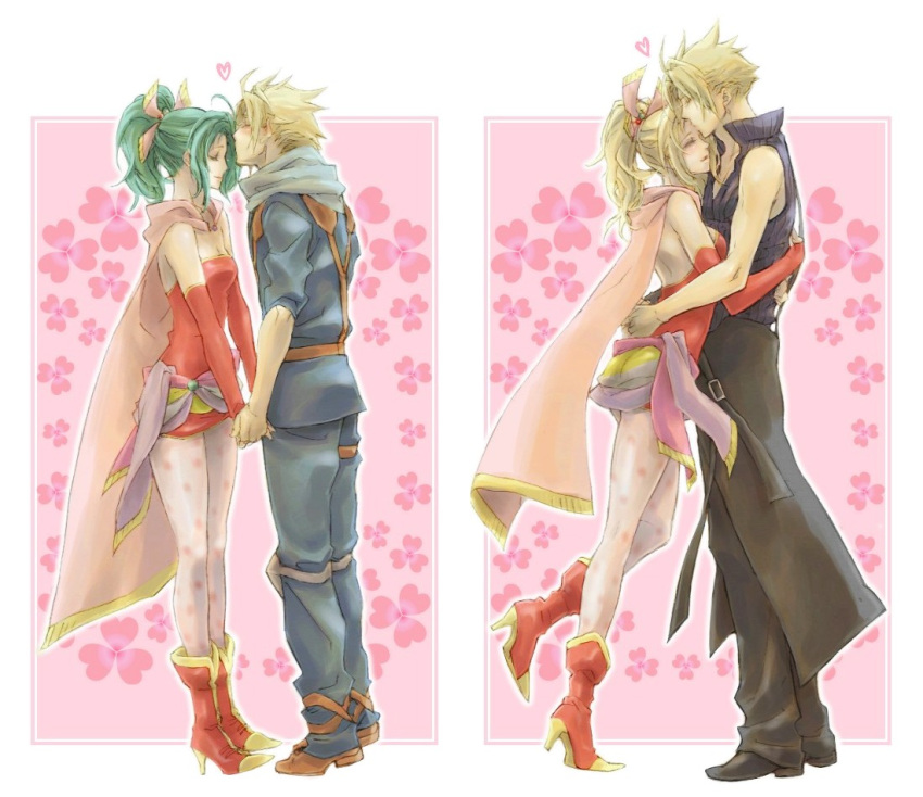 1girl alternate_color alternate_costume blonde_hair cloud_strife couple dissidia_final_fantasy final_fantasy final_fantasy_vi final_fantasy_vii green_hair heart hug kiss pantyhose ryouto tina_branford