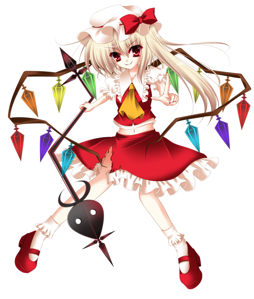 absurdres blonde_hair flandre_scarlet hat highres laevatein long_hair midriff navel side_ponytail smile solo torn_clothes touhou transparent_background wings wreathlit69