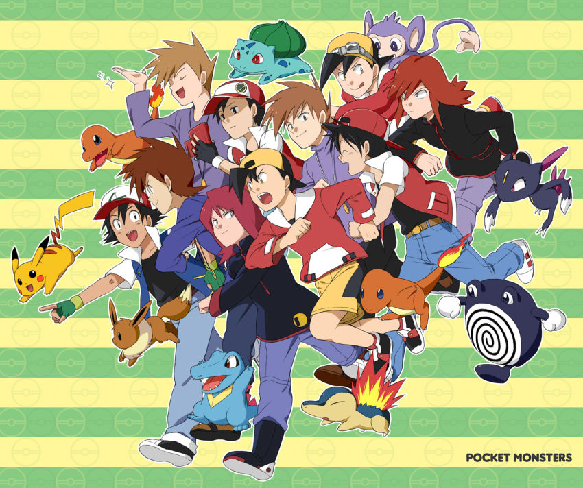 6+boys aipom backwards_hat baseball_cap black_eyes black_hair brown_hair bulbasaur charmander cyndaquil eevee fingerless_gloves gloves goggles goggles_on_head gold_(pokemon) hat jacket jewelry koma_yoichi multiple_boys necklace ookido_green ookido_shigeru pikachu pointing pokedex pokemon pokemon_(anime) pokemon_(creature) pokemon_(game) pokemon_gsc pokemon_hgss pokemon_special poliwhirl red_(pokemon) red_(pokemon)_(classic) red_hair redhead running satoshi_(pokemon) satoshi_(pokemon)_(classic) short_hair silver_(pokemon) smile sneasel sparkle spiked_hair spiky_hair striped striped_background title_drop totodile