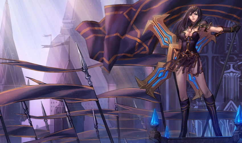 armor black_hair blue_eyes boots cleavage league_of_legends long_hair sivir tiara weapon