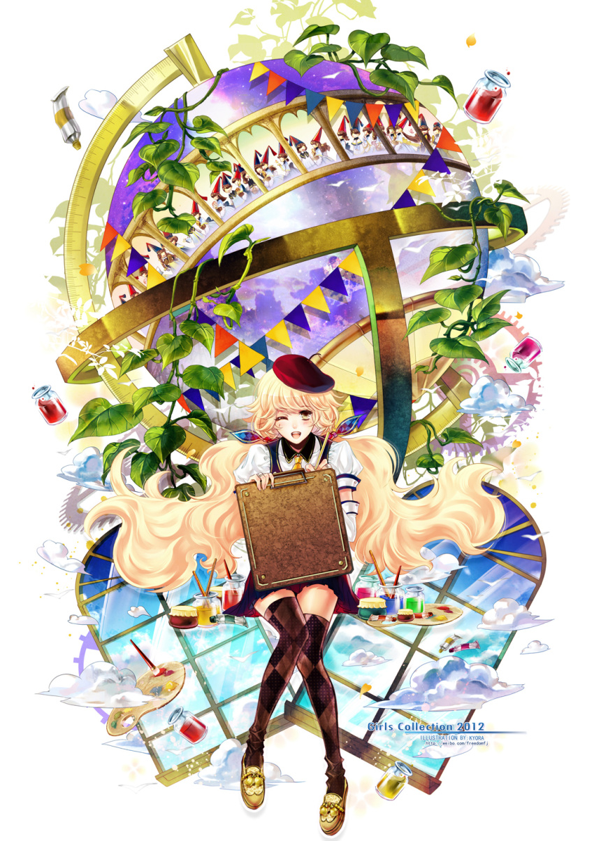 beret blonde_hair blush brown_eyes detached_sleeves globe hat highres long_hair looking_at_viewer open_mouth original paint painting palette sitting skirt smile solo stells thigh-highs thighhighs very_long_hair vines wavy_hair wink
