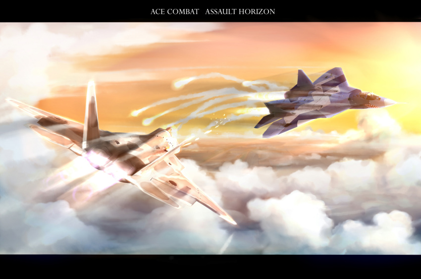 ace_combat_assault_horizon aerial_battle airplane andrei_markov battle cloud clouds dogfight f-22 fighter_jet firing flare highres jet letterboxed pak-fa pak_fa t-50 title_drop william_bishop yakuto007