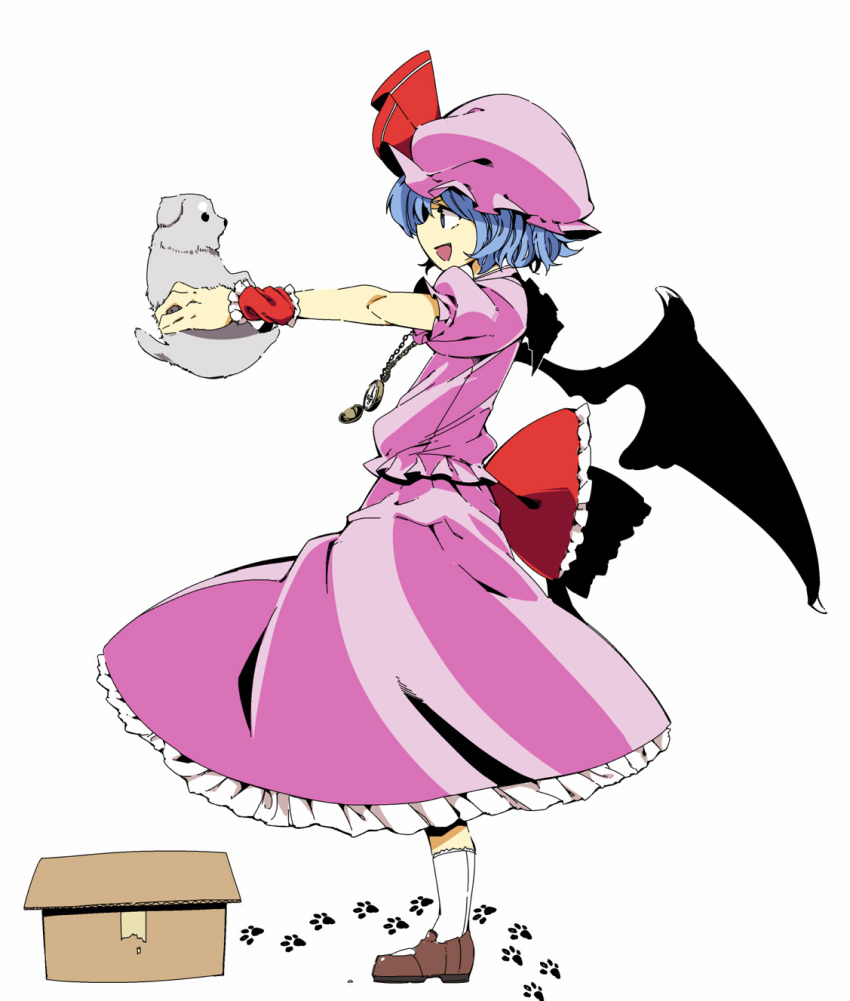 bat_wings blue_eyes blue_hair box cardboard_box dog highres open_mouth paw_print peptide pocket_watch profile remilia_scarlet shoes short_hair simple_background skirt skirt_set smile socks solo touhou watch white_background white_legwear wings