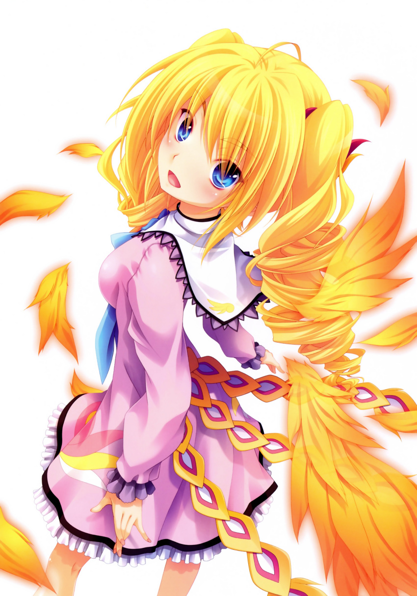 1girl :d absurdres blonde_hair blue_eyes dress drill_hair feathers high_school_dxd highres long_hair miyama-zero open_mouth ravel_phenex simple_background smile twin_drills wings