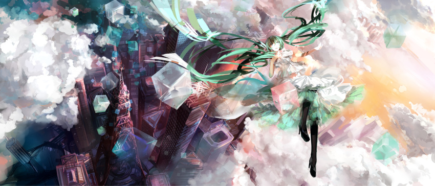 black_legwear building cityscape cloud clouds floating_hair from_above green_eyes green_hair h2so4kancel hatsune_miku highres long_hair shoes skirt skyscraper solo thighhighs twintails very_long_hair vocaloid