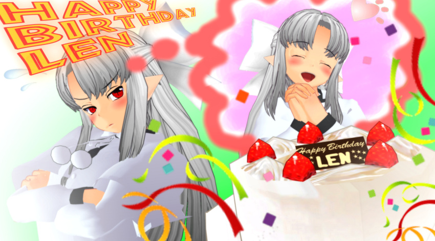 3d 96_(finaltetsuya) blush bow cake crossed_arms food fruit hair_bow happy happy_birthday highres long_hair melty_blood pointy_ears red_eyes silver_hair strawberry tsukihime white_len