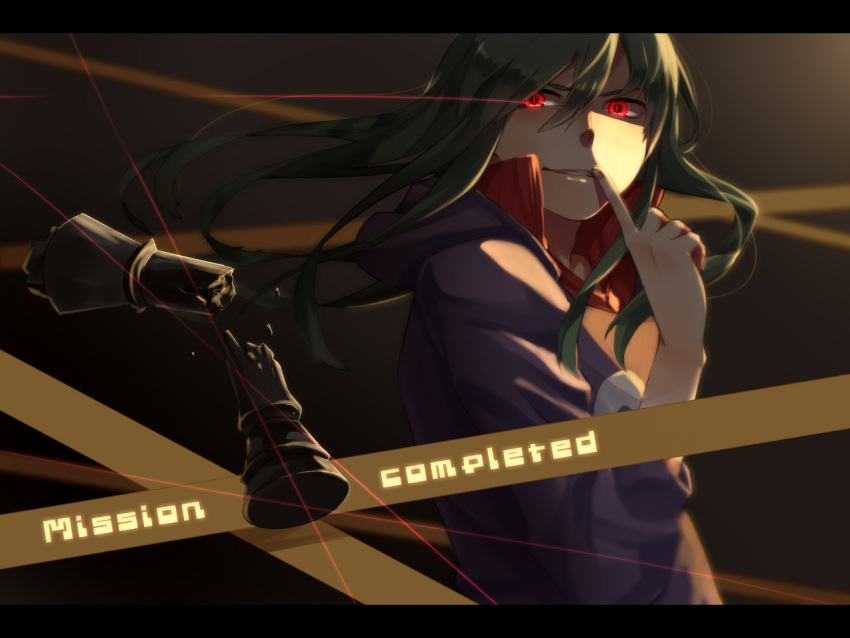 1girl chess_piece finger_on_lips green_hair grin kagerou_project kido_(kagerou_project) long_hair mekakushi_code_(vocaloid) pietani397 red_eyes smile vocaloid