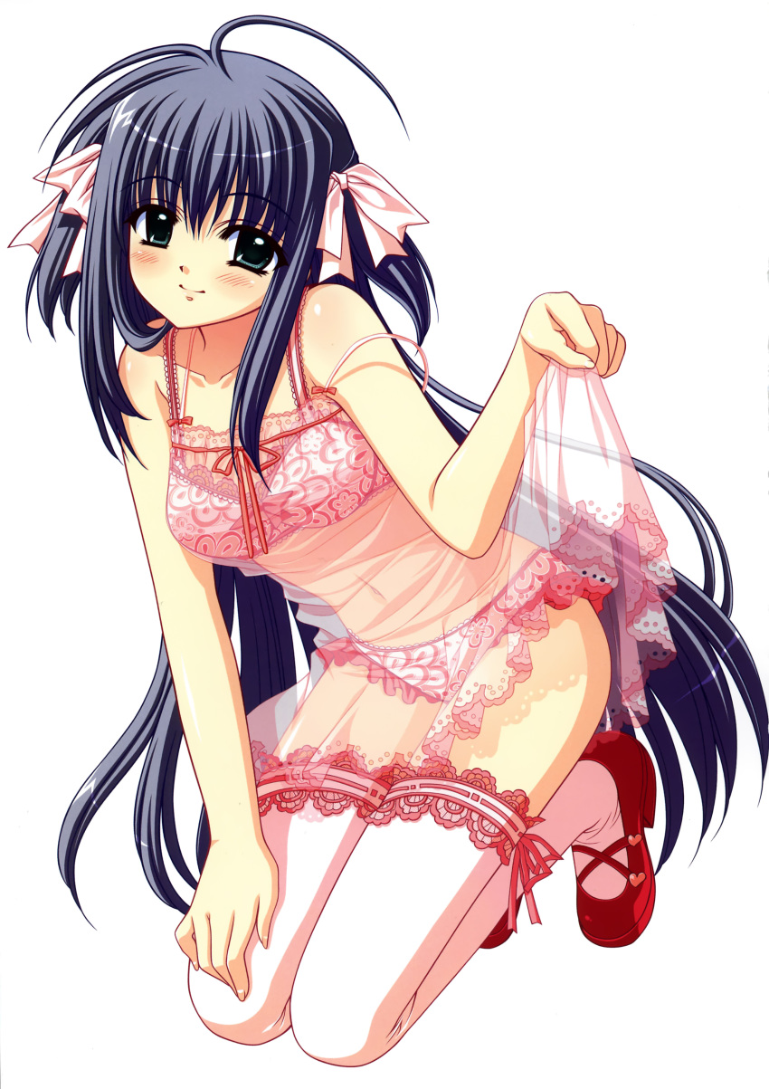 absurdres babydoll bare_shoulders black_hair blush bra camisole copyright_request green_eyes highres kneeling lace lace-trimmed_bra lace-trimmed_panties lace-trimmed_thighhighs lingerie long_hair nishimata_aoi panties pink_bra pink_legwear pink_panties possible_duplicate see-through simple_background skirt skirt_lift smile solo thigh-highs thighhighs underwear white_background white_legwear