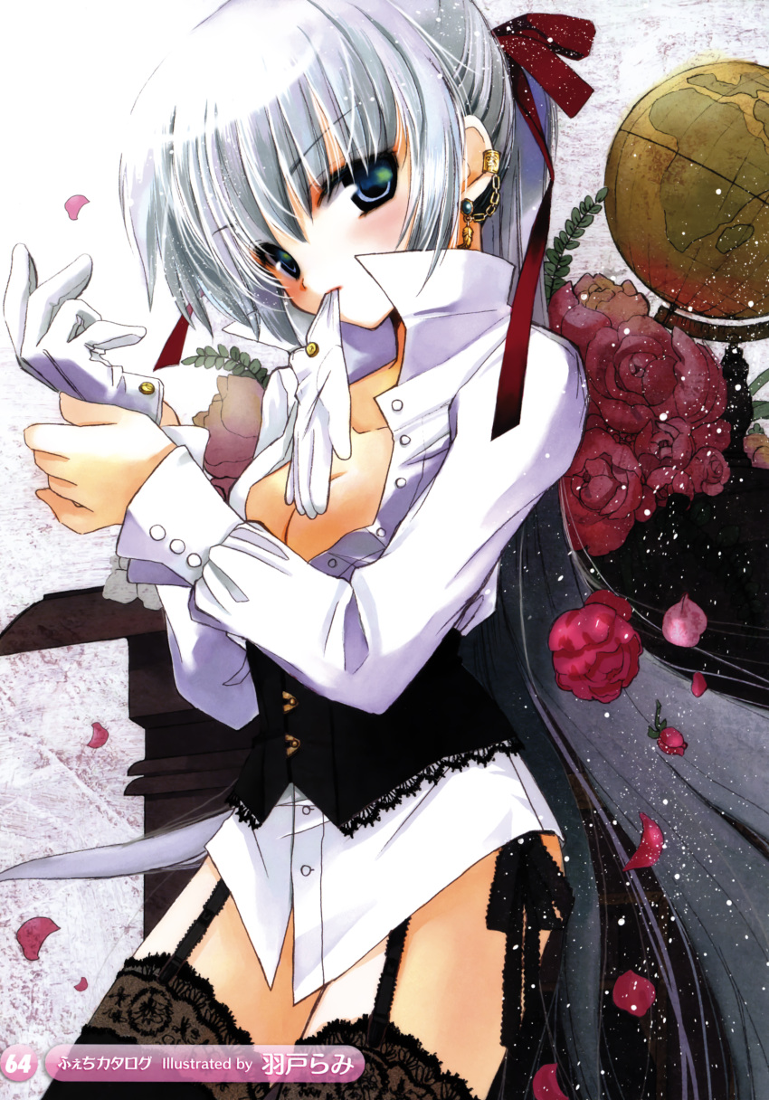 absurdres adjusting_gloves black_legwear blue_eyes bottomless breasts cleavage copyright_request dress_shirt earrings flower garter_belt garter_straps globe gloves green_eyes grey_hair hair_ribbon hato_no_tamago hato_rami highres jewelry lace lace-trimmed_thighhighs long_hair looking_at_viewer mouth_hold no_pants open_clothes open_shirt petals ponytail rami ribbon rose rose_petals scan silver_hair stockings thigh-highs thighhighs unbuttoned very_long_hair