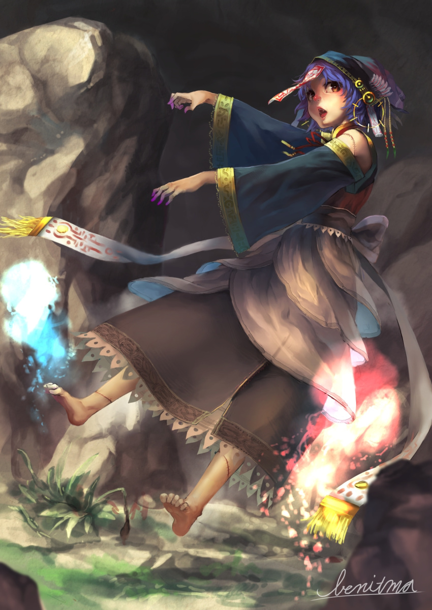 alternate_costume barefoot benitama beret blue_hair detached_sleeves fang hat highres jiangshi long_sleeves miyako_yoshika ofuda open_mouth outstretched_arms red_eyes rock sash short_hair solo stitched toe_scrunch touhou wide_sleeves zombie_pose