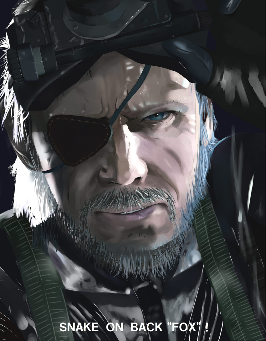 absurdres beard blue_eyes engrish eyepatch facial_hair gloves goggles goggles_on_head googles grey_hair highres konami male manly metal_gear metal_gear_solid:_ground_zeroes metal_gear_solid_ground_zeroes military military_uniform naked_snake night_vision old photorealistic portrait ranguage realistic serious solo uniform video_game