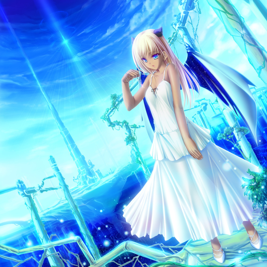 bare_shoulders blonde_hair blue_eyes dress dutch_angle highres horns jewelry long_hair open_mouth original pendant sky solo tenmaso tower wings
