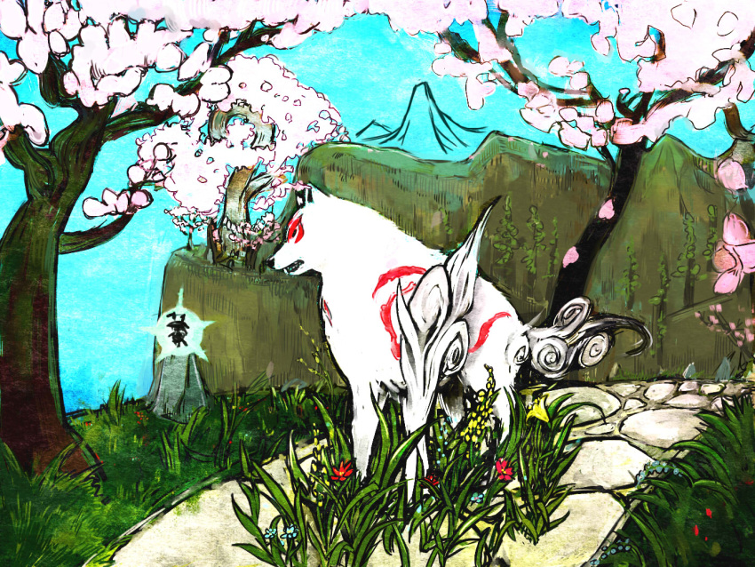 cherry_blossoms flower issun ma_nyan_(nyao_mao_nyao) no_humans okami ookami_(game) tattoo traditional_media tree wolf