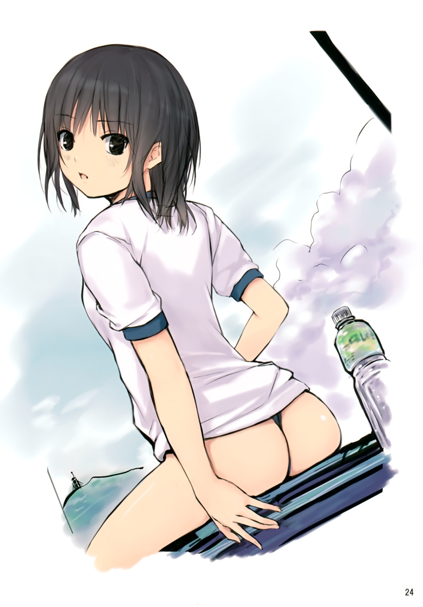 :o absurdres aoyama_sumika ass black_eyes black_hair blush bottle cloud clouds coffee-kizoku dutch_angle from_behind gym_uniform highres looking_at_viewer looking_back original panties scan short_hair sitting sky solo thong underwear wedgie