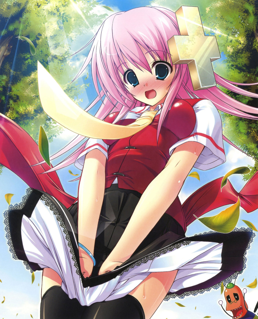 black_legwear blue_eyes blush copyright_request creature cross d: glasses hair_ornament hairpin highres misakura_nankotsu open_mouth pink_hair school_uniform skirt skirt_lift thigh-highs thighhighs tree wind_lift