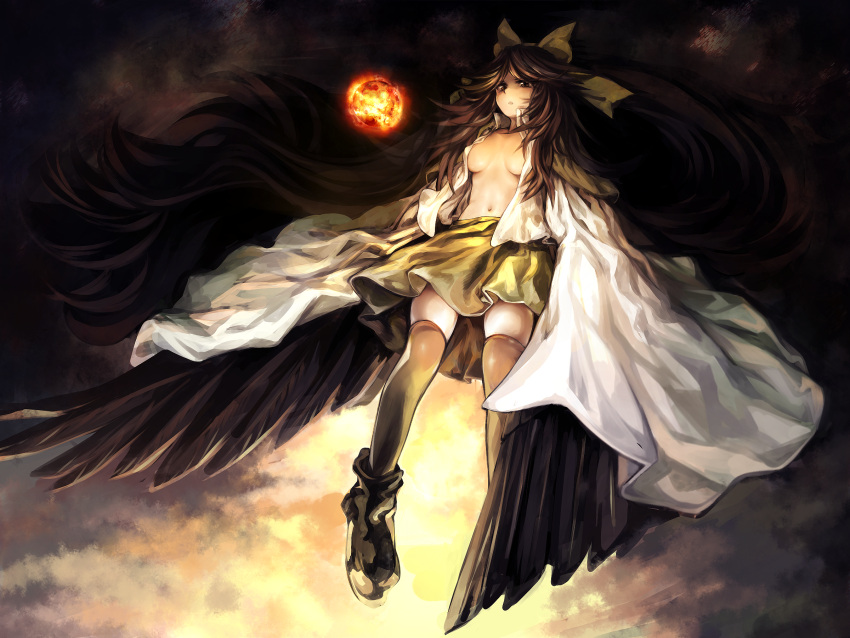 arm_cannon black_wings breasts brown_eyes brown_hair cloud flying geppewi highres long_hair navel no_bra open_clothes open_shirt reiuji_utsuho skirt solo thigh-highs thighhighs touhou weapon wings zettai_ryouiki