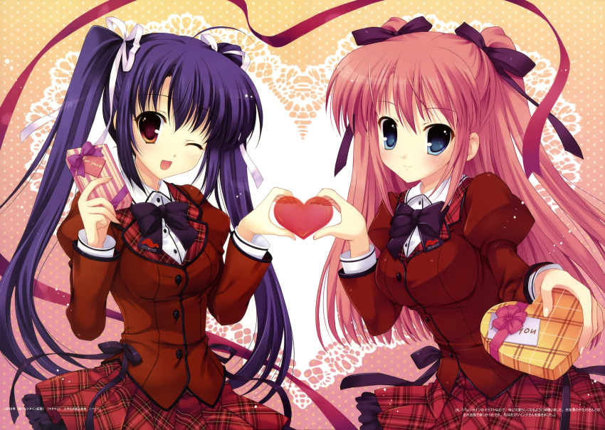 :d absurdres blue_eyes brown_eyes chocolate copyright_request hair_ribbon heart heart_hands heart_hands_duo highres incoming_gift mitha multiple_girls open_mouth pink_hair purple_hair ribbon school_uniform smile twintails valentine yatano