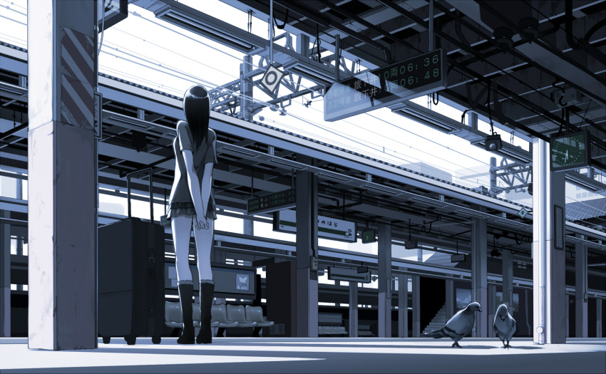1girl arms_behind_back bird black_hair boots camera chair clock highres long_hair miniskirt mogumo original pigeon power_lines shirt sign skirt solo stairs standing suitcase train_station