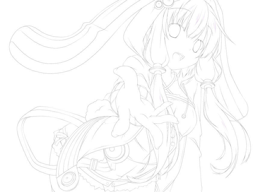 animal_ears bunny_tail hands highres hooded_jacket jacket lineart long_hair looking_at_viewer open_mouth smile solo tail transparent_background twintails vocaloid yuzuki_kei yuzuki_yukari