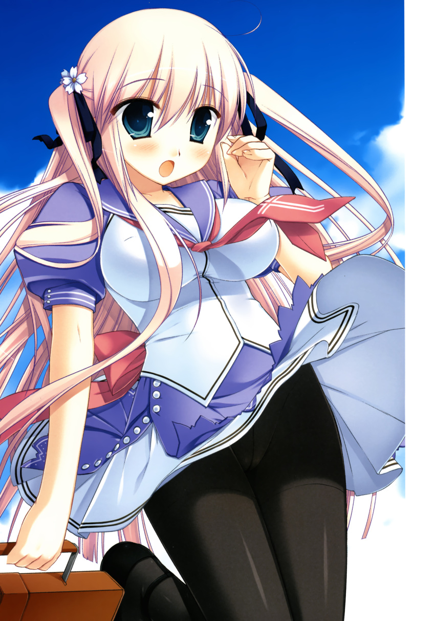 :o absurdres aqua_eyes bag blush breasts color_issue highres koibito_doushi_de_suru_koto_zenbu miyasu_risa panties panties_under_pantyhose pantyhose pink_hair school_uniform seifuku sonoo_koo sonoo_kuu two_side_up underwear wind_lift