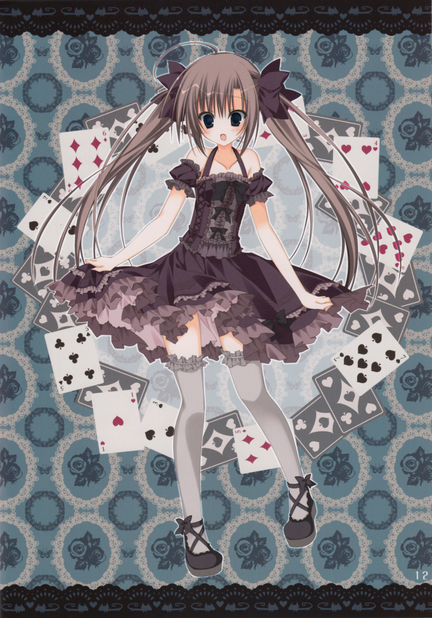absurdres blue_eyes bow brown_hair card copyright_request dress frilled_dress frills grey_legwear hair_bow highres inugami_kira off_shoulder open_mouth playing_card shoes solo thigh-highs thighhighs twintails