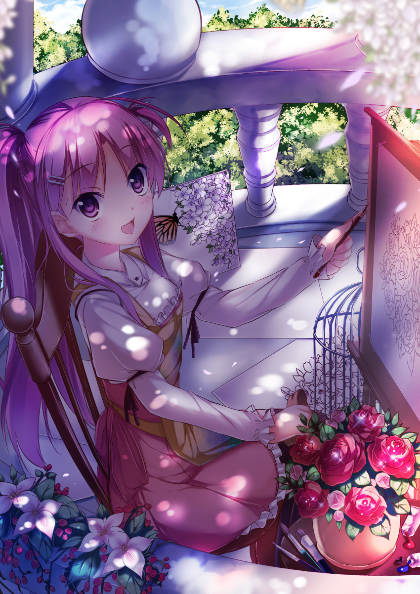 :d absurdres apron blush butterfly cage chair chait easel flower hair_ornament hairclip highres holding kaho_okashii long_hair oekaki_musume open_mouth original paintbrush pink_eyes pink_hair rose sitting smile solo