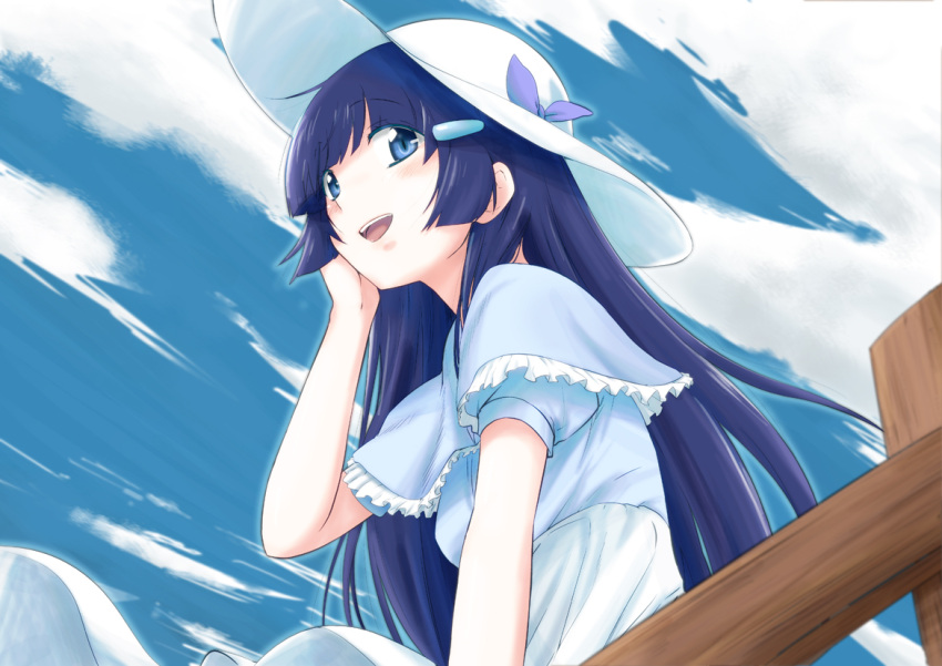:d aoki_reika bad_id blue_eyes blue_hair blush capelet cloud clouds dress hair_ornament hairclip hand_on_own_face hat long_hair open_mouth precure ruronin rurounin sky smile smile_precure! solo sun_hat