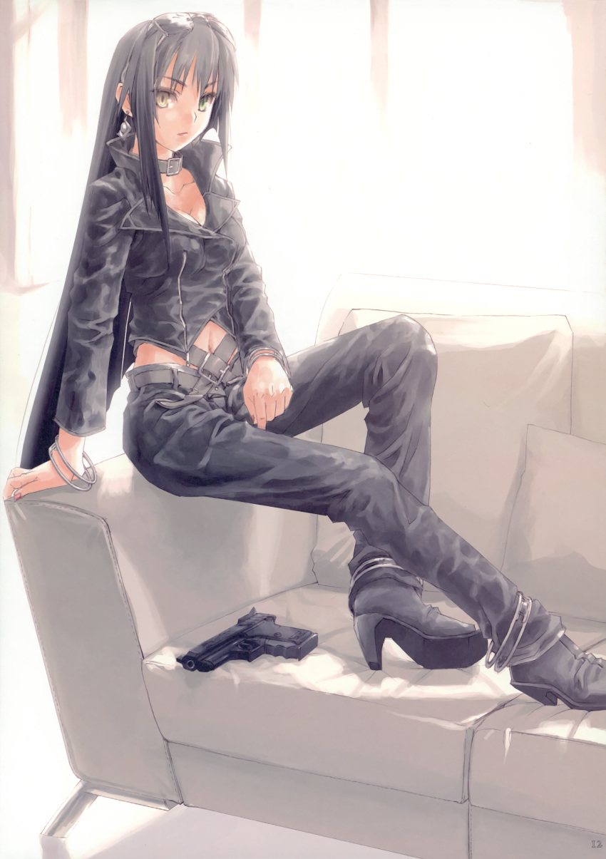 absurdres black_hair breasts cleavage closet_child collar copyright_request couch earrings gun highres jewelry konoe_ototsugu leather_jacket leather_pants long_hair shoes sitting very_long_hair weapon yellow_eyes