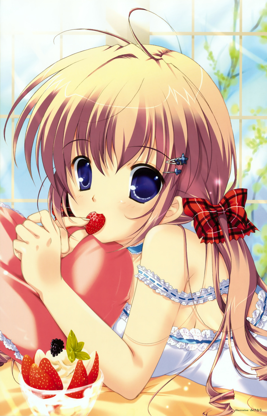 absurdres blackber blackberry_(fruit) blonde_hair blue_eyes bow copyright_request eating food food_in_mouth fruit hair_bow hair_ornament hairclip highres mikeou parfait pillow plaid plaid_bow strawberry window