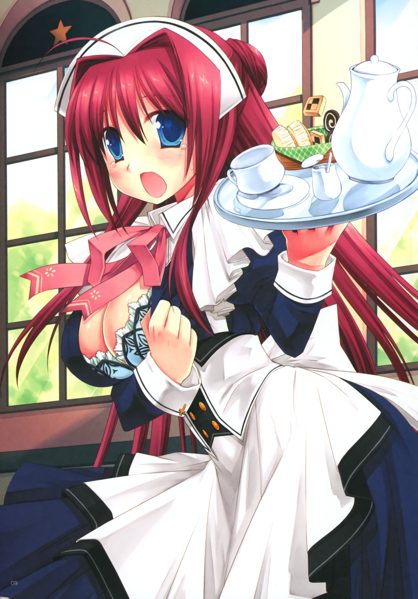 absurdres blue_eyes bra breasts cleavage copyright_request cup d.n.a.lab d: highres large_breasts miyasu_risa open_mouth open_shirt paper_texture red_hair redhead teacup teapot tray waitress