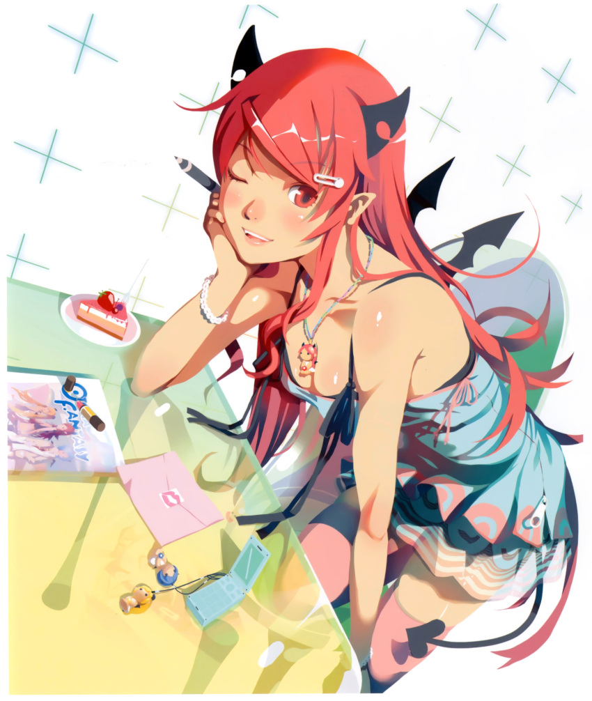 ;d absurdres bare_shoulders bent_over bracelet breasts cake cellphone cellphone_strap chin_rest cleavage demon_tail dress dutch_angle food highres horns jewelry leg_up letter long_hair necklace open_mouth original phone pink_legwear pointy_ears red_eyes red_hair redhead scan smile solo stool stylus tail thigh-highs thighhighs vofan wings wink