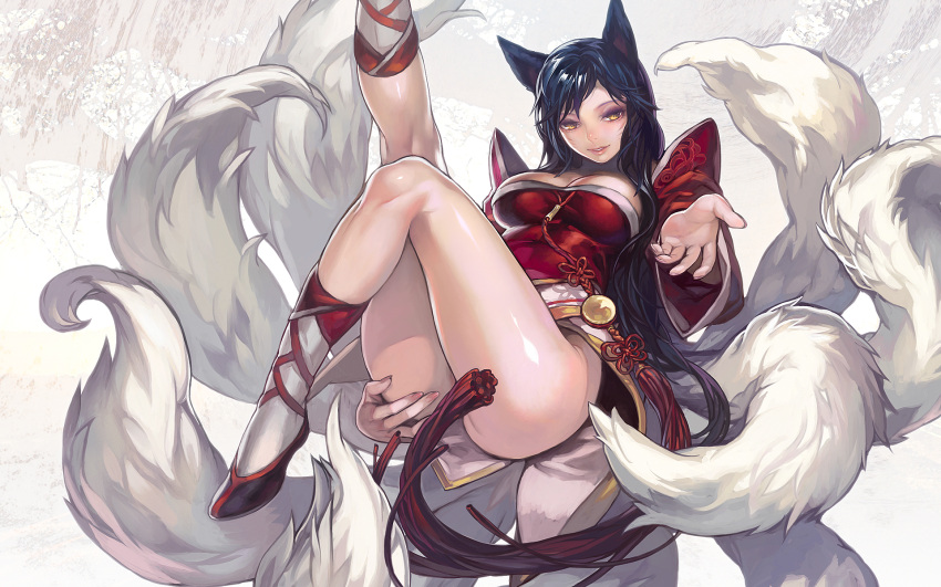 ahri animal_ears aoin ass black_hair breasts censored convenient_censoring erect_nipples facial_mark fox_ears fox_tail hands highres league_of_legends leg_lift legs lips long_hair multiple_tails naughty_face no_panties smile solo tail thighs yellow_eyes