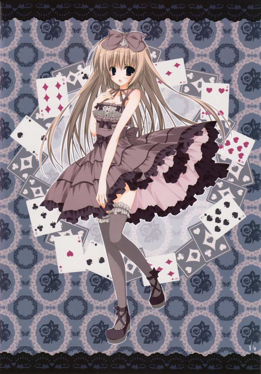 absurdres bare_shoulders black_legwear blonde_hair blush bow card dress frilled_dress frilled_legwear frilled_thighhighs frills grey_legwear hair_bow hand_on_own_chest highres inugami_kira looking_at_viewer off_shoulder open_mouth playing_card purple_eyes seitokai_no_ichizon shiina_mafuyu shoes standing_on_one_leg thigh-highs thighhighs violet_eyes