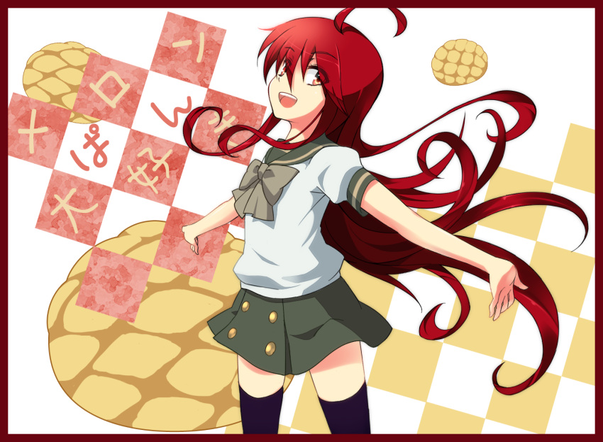 1girl bow bread floating_hair food happy long_hair looking_at_viewer melon_bread mokkei open_mouth outstretched_arms red_eyes red_hair redhead school_uniform serafuku shakugan_no_shana shana simple_background skirt smile smiling solo spread_arms thigh-highs thighhighs
