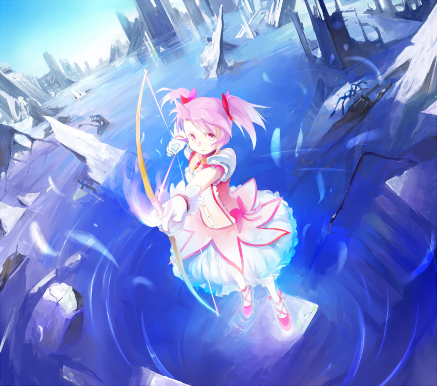 arrow blue_sky bow bow_(weapon) bubble_skirt choker dress gloves glowing glowing_weapon hair_bow highres jewelry kaname_madoka kyokucho looking_at_viewer magical_girl mahou_shoujo_madoka_magica panties partially_submerged pendant petticoat pink_dress pink_eyes pink_hair puffy_sleeves ruins short_hair short_sleeves short_twintails sky solo twintails underskirt underwear water weapon white_gloves