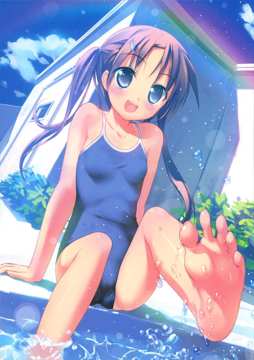 :d absurdres barefoot black_hair blue_eyes blue_swimsuit blush cloud feet highres one-piece_swimsuit open_mouth original rainbow scan school_swimsuit sitting sky smile soles solo swimsuit takoyaki_(roast) toes twintails water wet