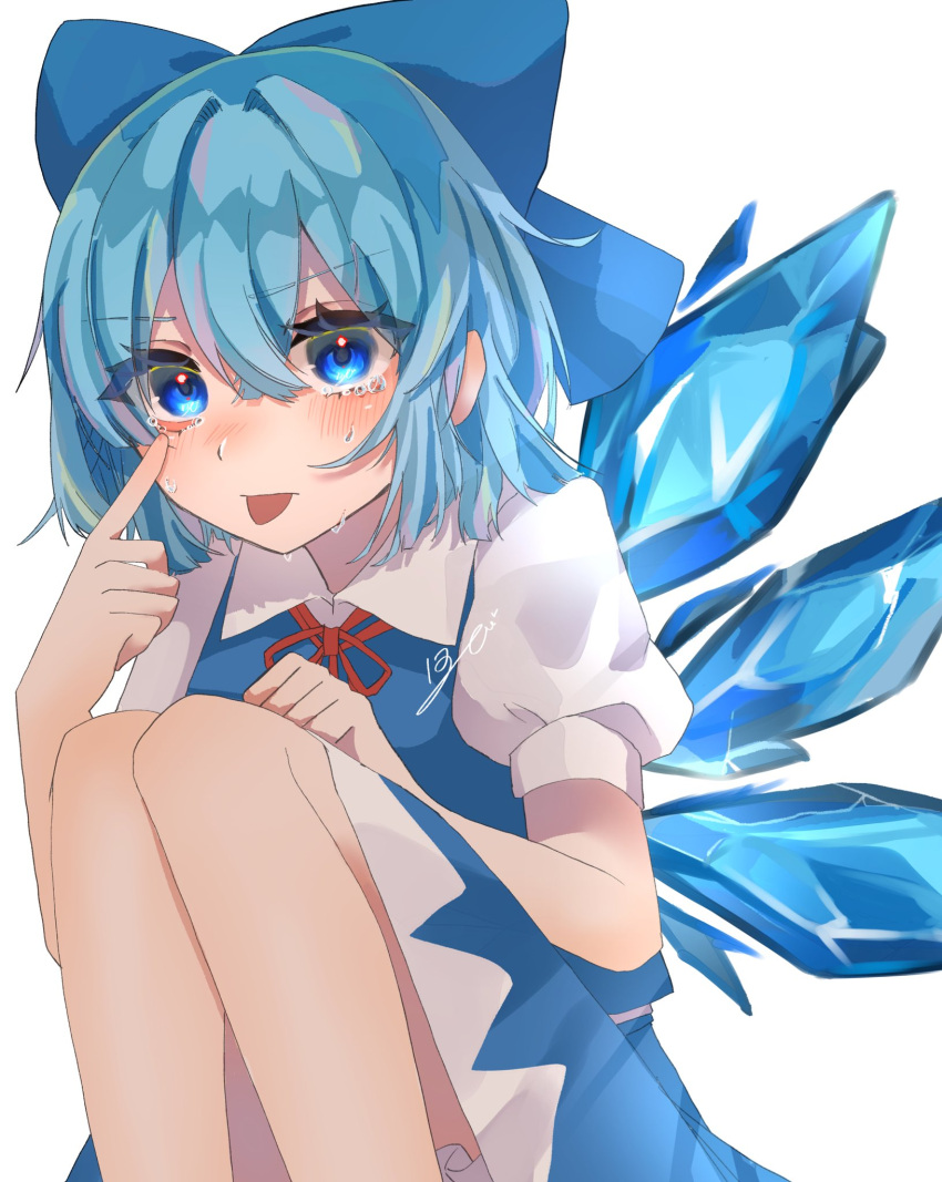 1girl :p bloomers blue_bow blue_dress blue_eyes blue_hair bow cirno collared_shirt crying crying_with_eyes_open dress eyelid_pull hair_bow highres ice ice_wings izumi_no_yasushi_aya neck_ribbon pinafore_dress puffy_short_sleeves puffy_sleeves ribbon shirt short_hair short_sleeves signature simple_background sleeveless sleeveless_dress solo squatting tears tongue tongue_out touhou white_background white_shirt wings