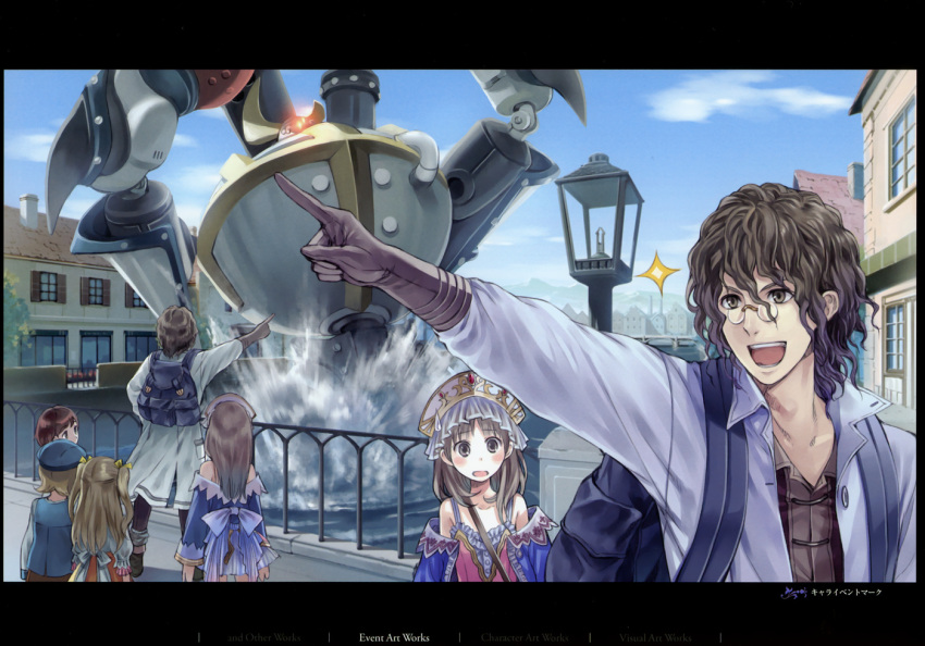 1girl :d :o atelier_(series) atelier_totori brown_eyes brown_hair glasses gloves hairband hat kishida_mel labcoat long_hair marc_mcbrine mecha messy_hair official_art open_mouth pince-nez pince_nez pointing short_hair smile surprised totooria_helmold two_side_up