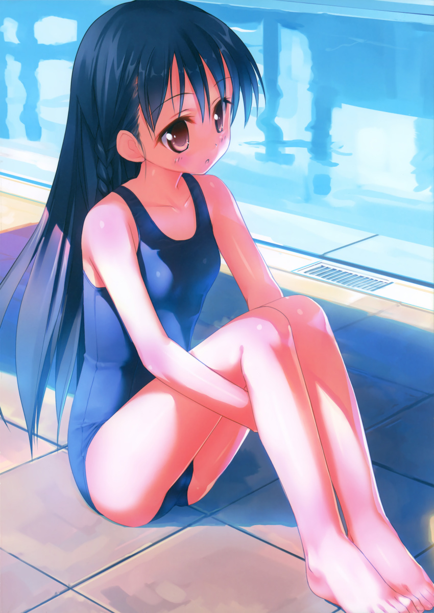 :o absurdres barefoot black_hair blue_swimsuit blush braid brown_eyes collarbone highres long_hair one-piece_swimsuit original pool poolside scan school_swimsuit sitting solo swimsuit takoyaki_(roast) tiles