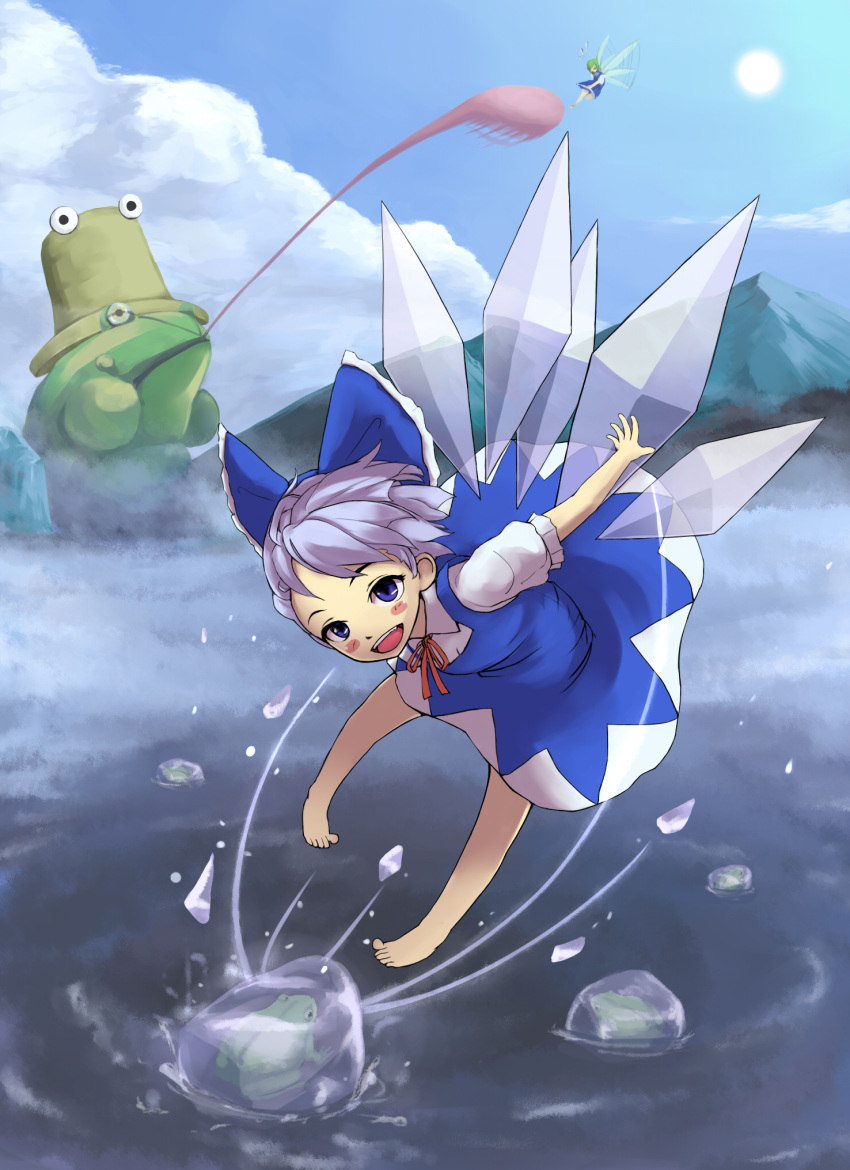 barefoot blue_dress blue_eyes blue_hair blue_sky blush_stickers bow cirno cloud clouds daiyousei dress flapping flying frog frozen green_hair hair_bow highres iorlvm lake long_tongue mountain multiple_girls open_mouth puffy_sleeves pyonta shirt short_hair short_sleeves sky smile sun tongue tongue_out touhou water wings
