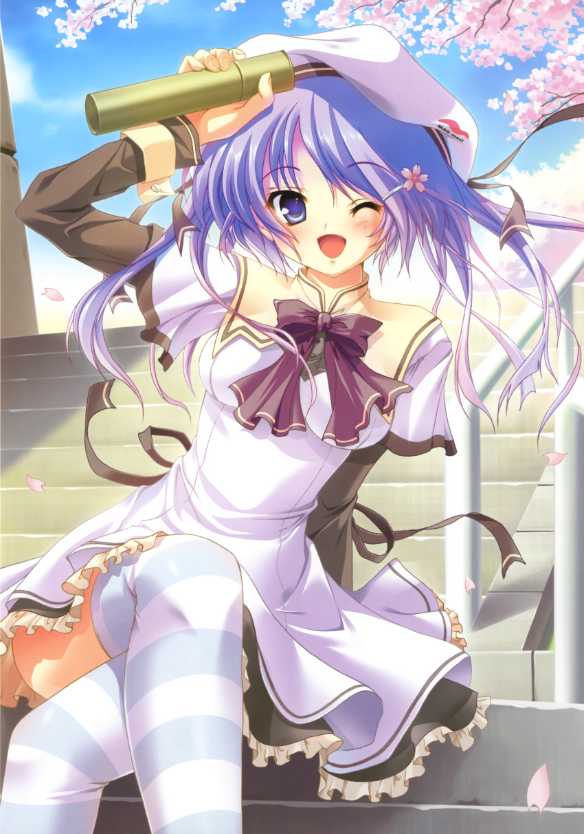 :d absurdres cherry_blossoms copyright_request crossed_legs hair_ornament hairclip hat highres hisuitei izumi_tsubasu legs open_mouth possible_duplicate purple_eyes purple_hair school_uniform sitting smile stairway striped striped_legwear thigh-highs thighhighs violet_eyes