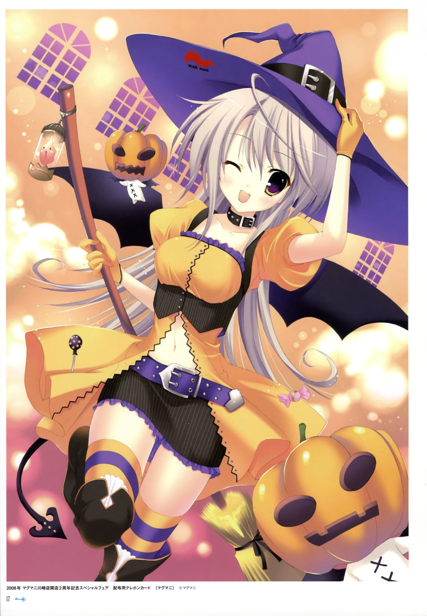 1girl ;d absurdres boots broom copyright_request demon_tail demon_wings female gloves grey_hair halloween hat highres jack-o'-lantern knee_boots mitha open_mouth smile solo striped striped_legwear tail thigh-highs thighhighs wings wink witch_hat yellow_eyes