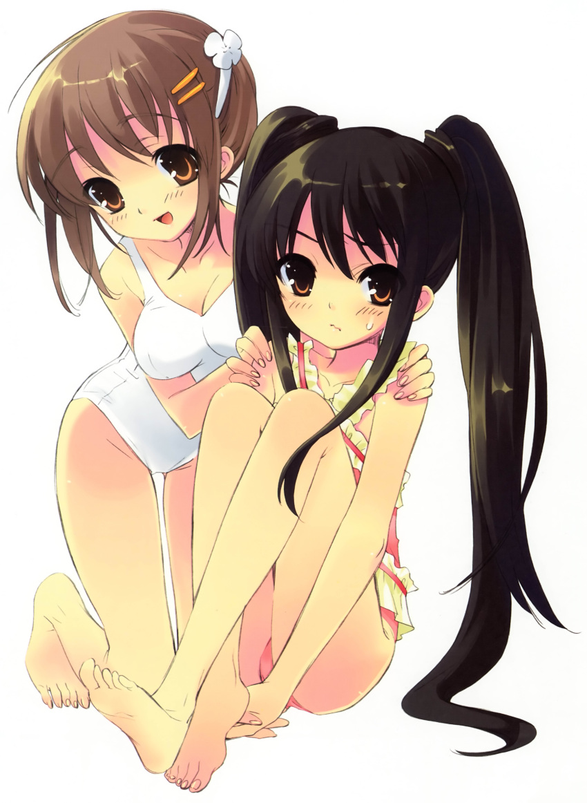 :/ :d absurdres black_hair breast_envy breasts brown_eyes brown_hair casual_one-piece_swimsuit cleavage frilled_swimsuit frills hands_on_shoulders highres incredibly_absurdres itou_noiji kneeling leg_hug long_hair long_legs lowres mizugi multiple_girls noizi_ito one-piece_swimsuit open_mouth scanning_resolution screening shakugan_no_shana shana sitting smile sweatdrop swimsuit twintails wavy_mouth yoshida_kazumi