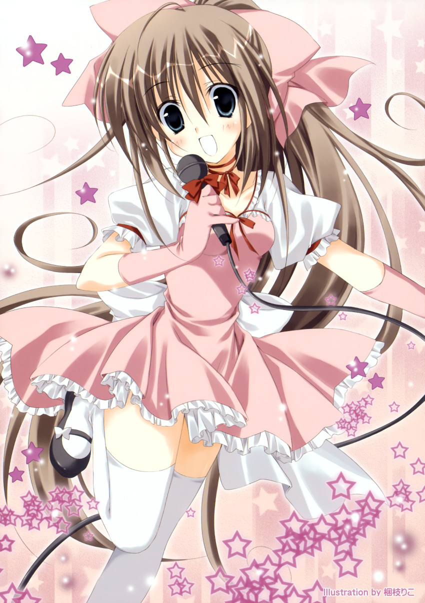 :d absurdres blue_eyes bow brown_hair copyright_request dress frilled_dress frills hair_bow highres korie_riko microphone open_mouth ponytail ribbon smile star thigh-highs thighhighs white_legwear