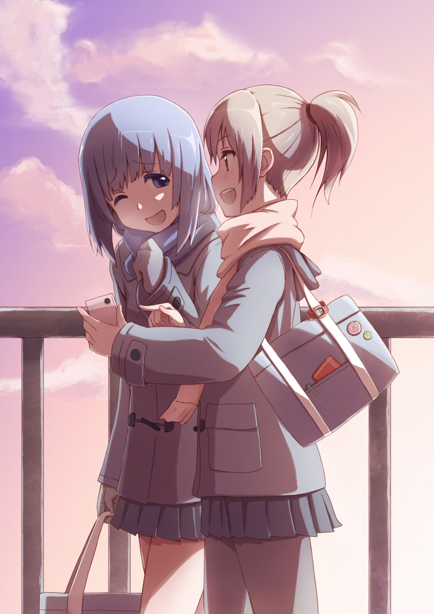 :d ;d absurdres bag blue_eyes blue_hair breath cellphone coat gloves highres holding kirigaya_yuuji long_hair looking_at_another multiple_girls open_mouth original pantyhose phone pleated_skirt ponytail profile railing scarf school_bag short_hair silver_hair skirt smile toggles walking wink winter_clothes